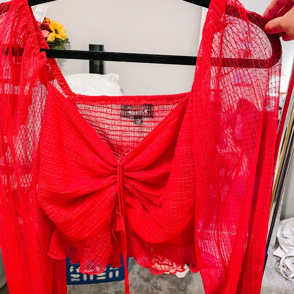 Red Long Sleeve Mesh Crop Top